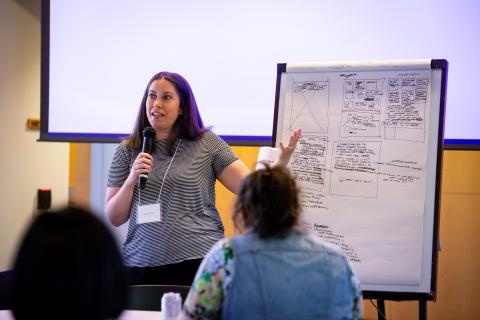 Women infront of the room with a mic, pointing to a chart
