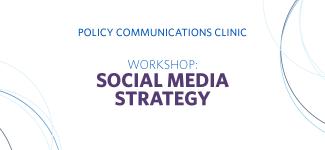 the words: "Policy communications clinic - workshop" on a blue background with abstract blue swirl patterns 