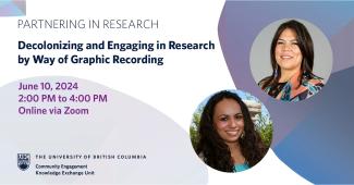 Promotional banner for a research partnership event titled "Decolonizing and engaging in research by way of graphic recording" on June 11, 2024 online