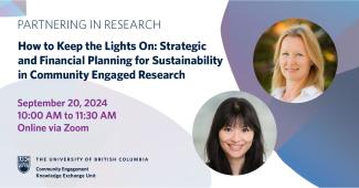 Promotional banner for "how to keep lights on:strategic and financial planning for sustainability in community engaged workshop" scheduled on Sept 20, 2024